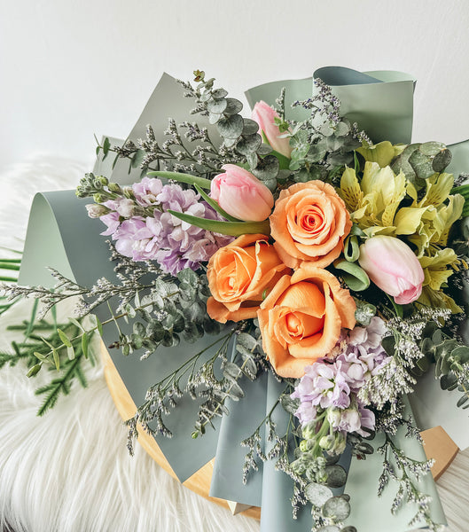 Dawn- 6 Stalks Mixed Orange Roses & Pink Tulips